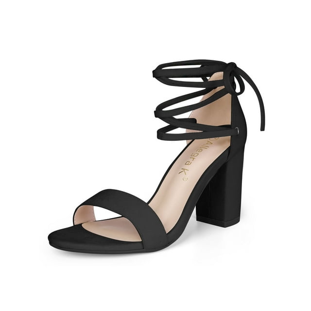 BLISSFUL STEP Sandales pour Femmes Unies d'Été à Talons Blocs à Lacets Noires 8