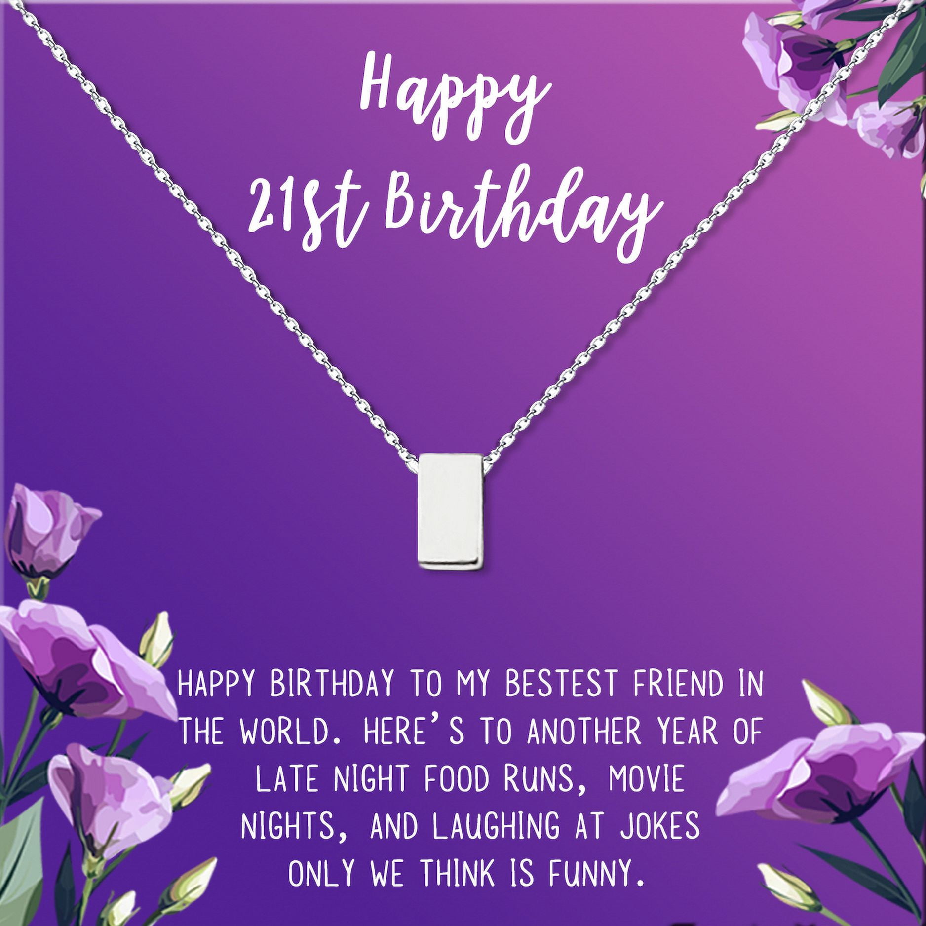 Anavia Happy 21st Birthday Gifts Stainless Steel Fashion Necklace Birthday Card Jewelry Gift for Her, Birthday Gift for Daughter-[Silver Cube, Royal Purple Gift Card]