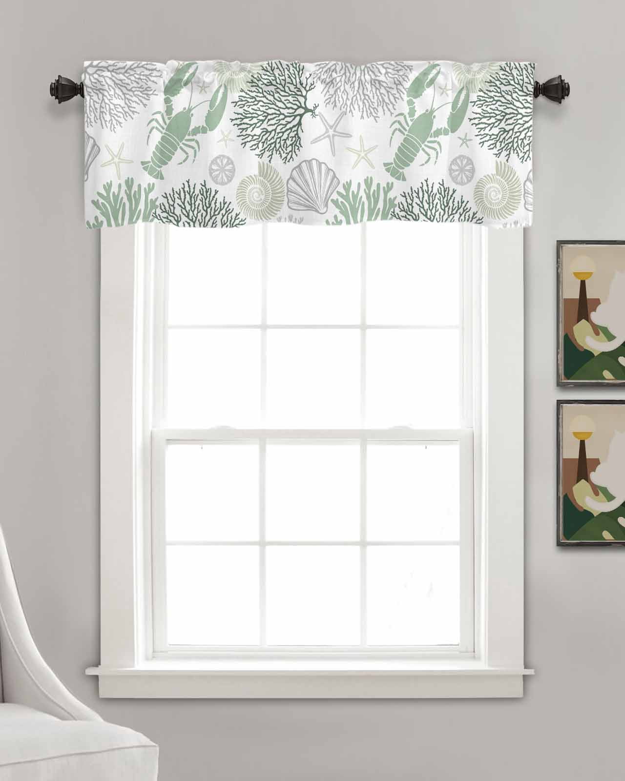 Sage Green Coastal Kitchen Valances for Windows Farmhouse Linen Window Valance Curtain for Living Room Window Treatment Summer Lobster Coral Nautical Valance Rod Pocket Topper Drape, 42 x 18 Inch