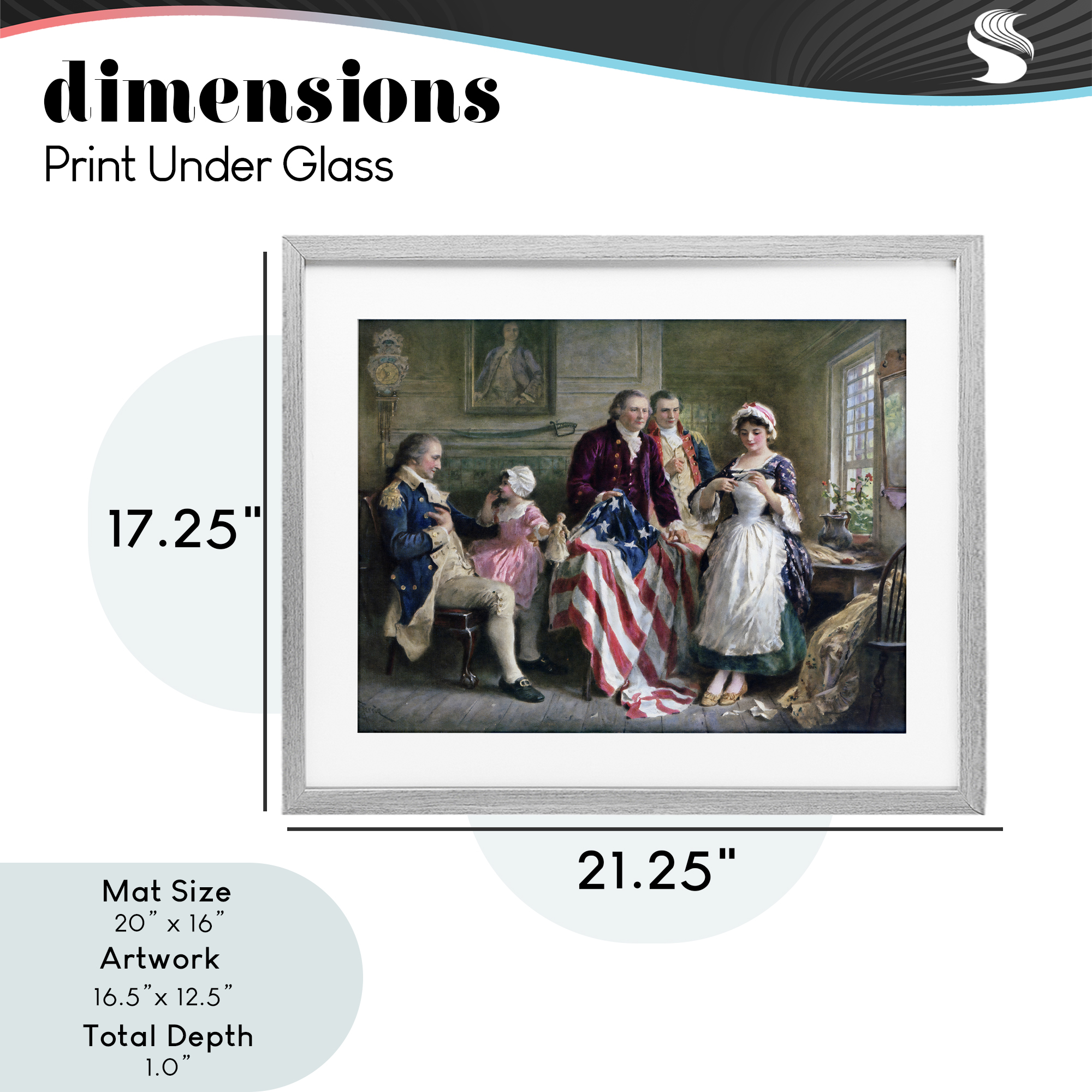 Historical Betsy Ross Gray Framed Print Under Glass, design by Arlington Prints