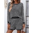 thumbnail image 6 of 2 Piece Sets for Women Summer Cute Stripe Long Sleeve Knit T Shirts Shorts Matching Lounge Set Black L, 6 of 8