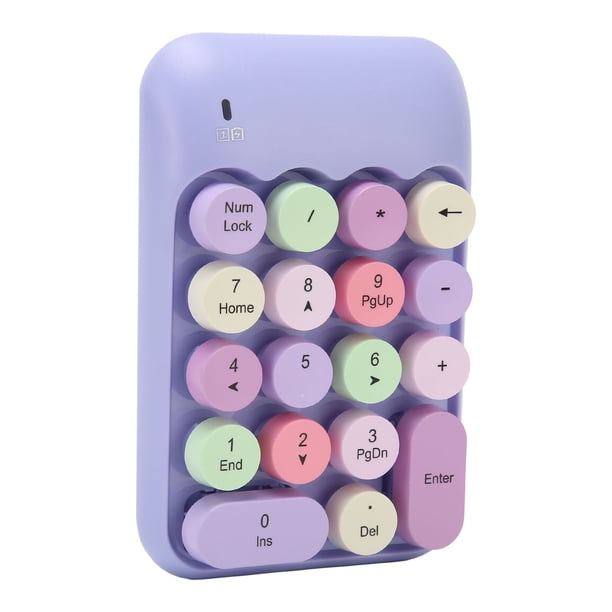Teclado numérico inalámbrico de 2,4 GHz, 18 teclas, teclas redondas de color retro, mini teclado numérico con receptor USB para computadora portátil, color morado