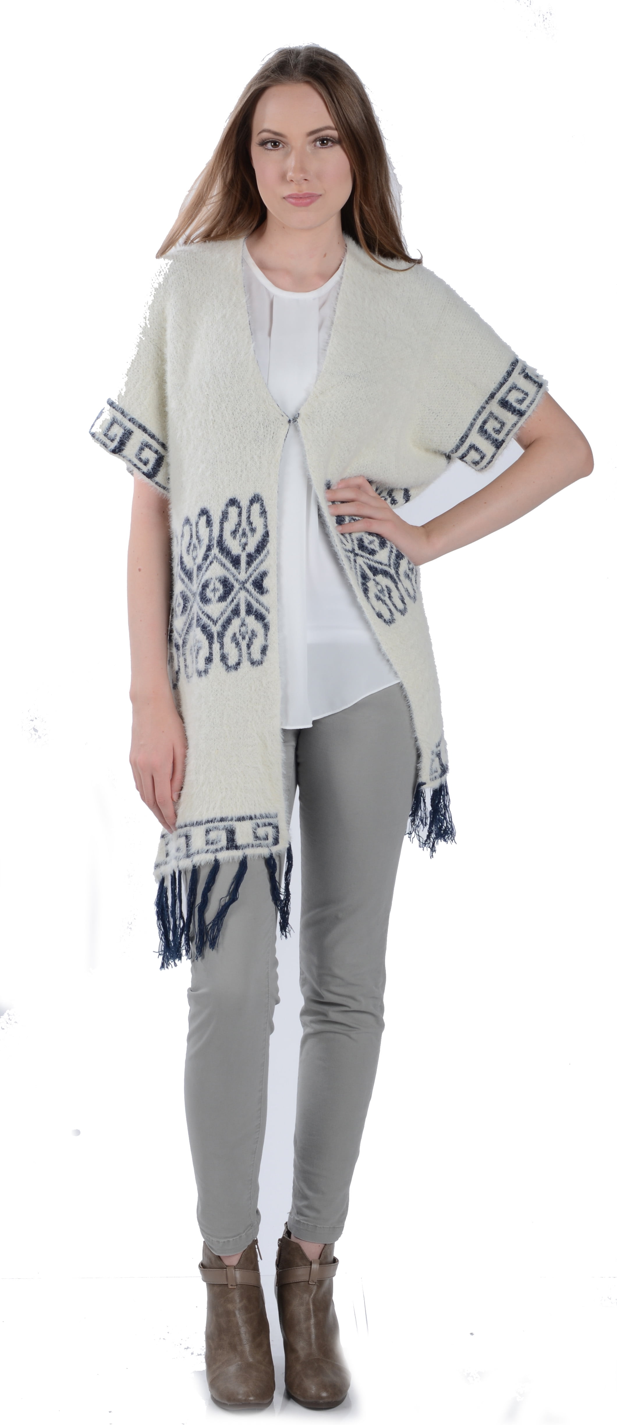Women's Winter Knit Mayan Pattern Fringe Knit Poncho