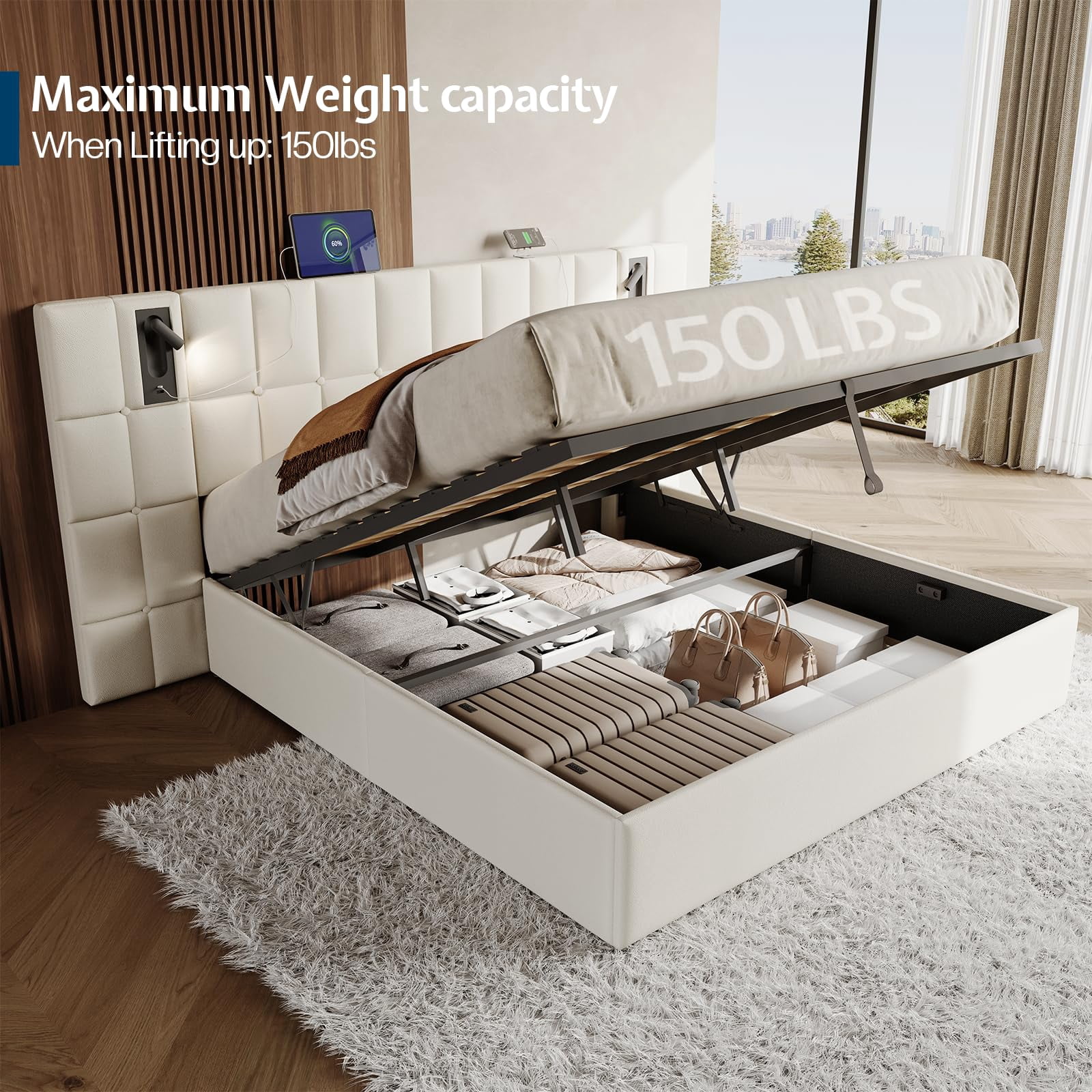 Merluxy King Size Upholstered Bed Frame with Widened Headboard,Lift-Up Storage Bed and Built-In Reading Light, Velvet Platform Frame,Cream