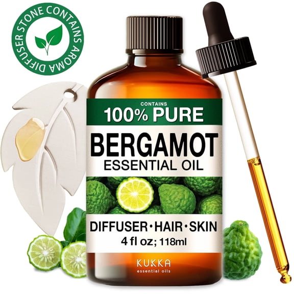 Kukka Bergamot Essential Oil with Aromatherapy Stone - 100% Pure Plant-Powered for Diffuser, Hair Care, Skincare & Soap Making - 4 fl oz