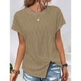 thumbnail image 2 of Women Short Sleeve Top Split Hem Round Neck Shirt Casual Pure Color Shirt Summer Loose Top Khaki L, 2 of 4