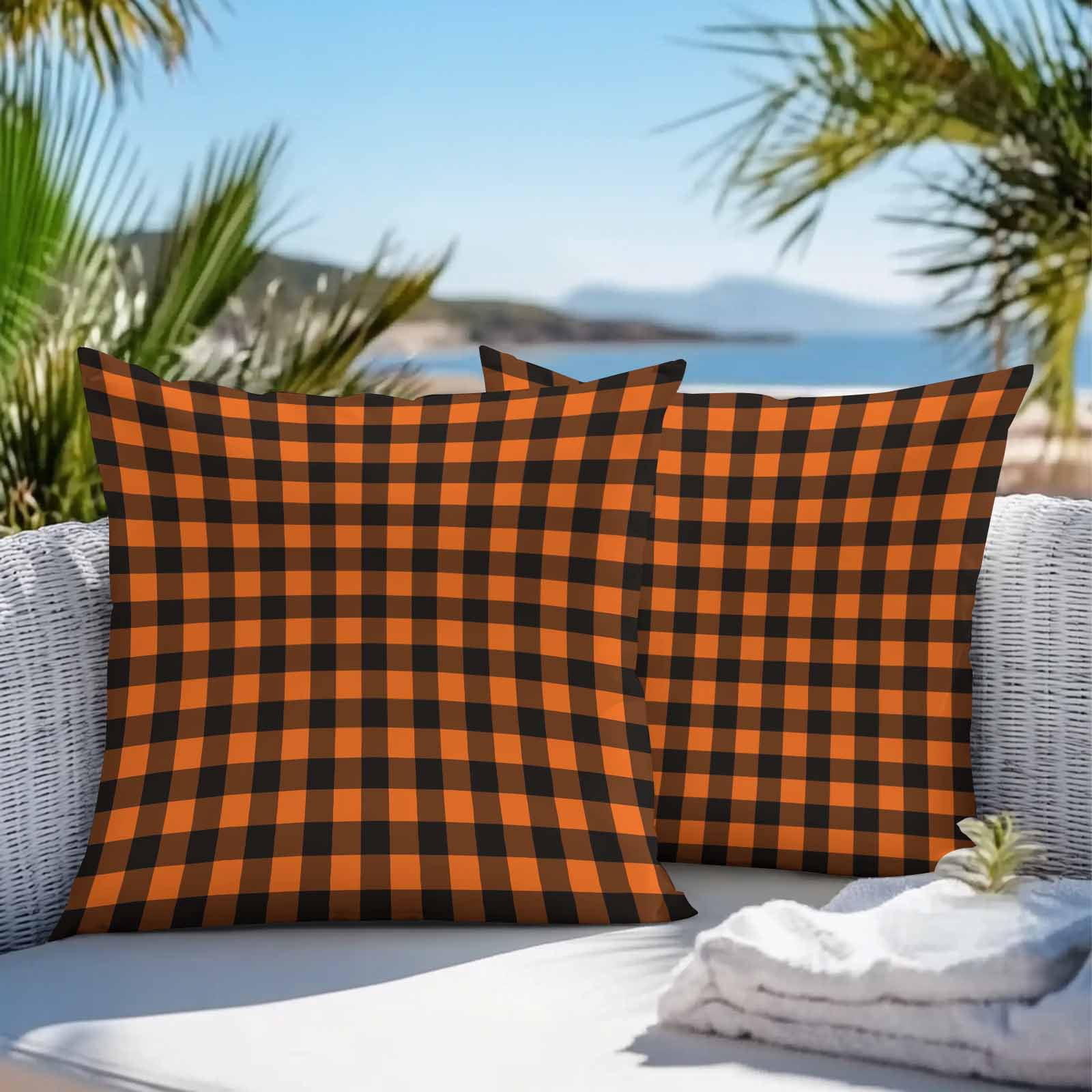 Black Orange Plaid Outdoor Pillow Covers 16x16 Inch Throw Pillow Covers Set of 2 Waterproof Decorative Pillow Cases Farmhouse Buffalo Check Gingham Cushion Covers for Patio Furniture Garden Couch