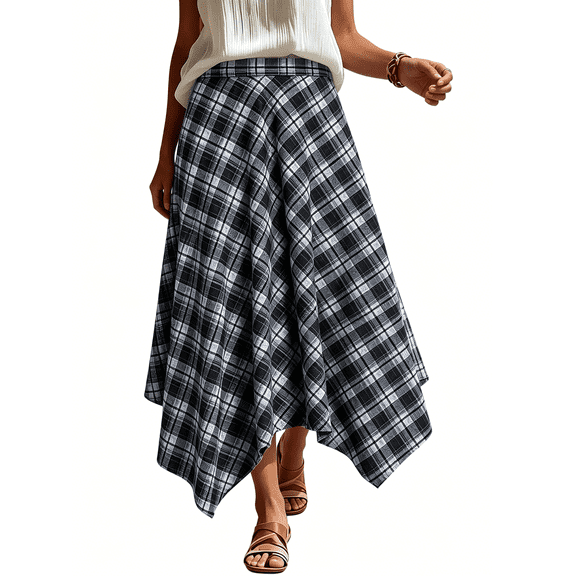 Atkumj High Waist Skirt for Women Trendy Plaid Asymmetrical Hem Womens Midi Skirt A Casual Vintage Skirt for Daily Wear S