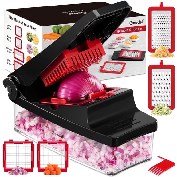 Geedel Vegetable Cutter, Onion Cutter Pro Food Chopper, Kitchen Vegetable Slicer Dicer Cutter Grater, Veggie Chopper with container for Salad Onion Potato Carrot (4 in 1, Red)