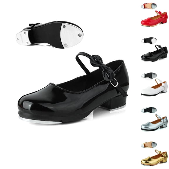 RTKFRFLM Girls Bowknot Tap Dance Shoes Shiny Patent Leather Musical Performance Flats Red 7-8 Years