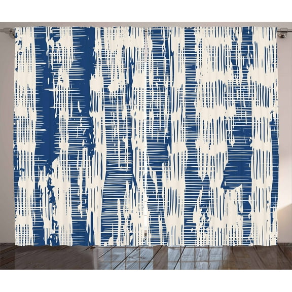 Ambesonne Batik Curtains 2 Panel Set, Abstract Stripy Grunge, 108" x 63", Navy Blue and Cream