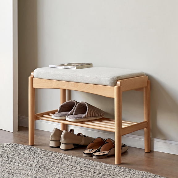 GZXS Mid-Century Modern Shoe Bench - 23.62" Upholstered Entryway Seating Stool with High-Rebound Foam Cushion & Slatted Storage Shelf & Solid Beech Wood Frame, Natural