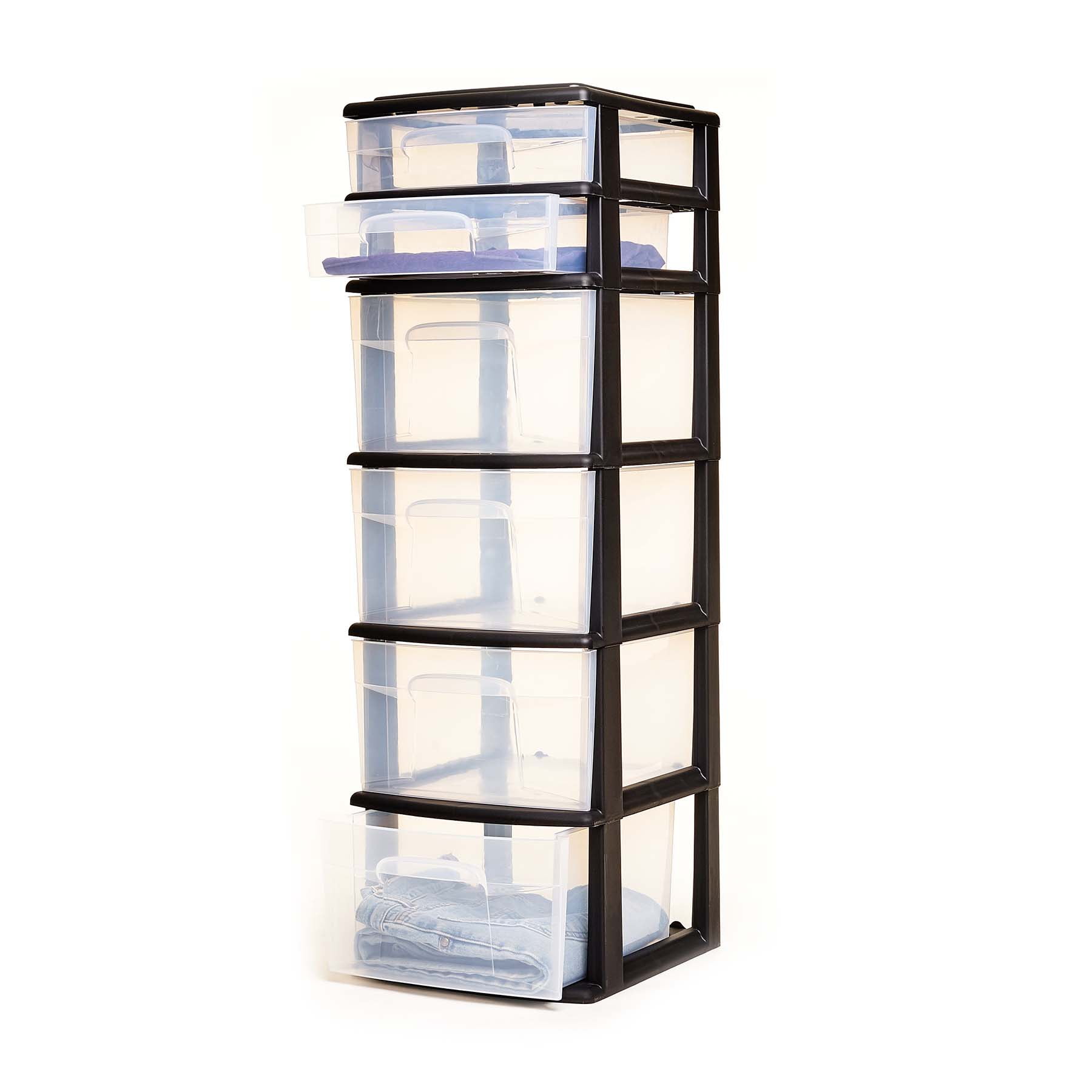 Homz® 6 Drawer Medium Tower, Black Plastic Frame with Clear Drawers, Set of 1 - 2