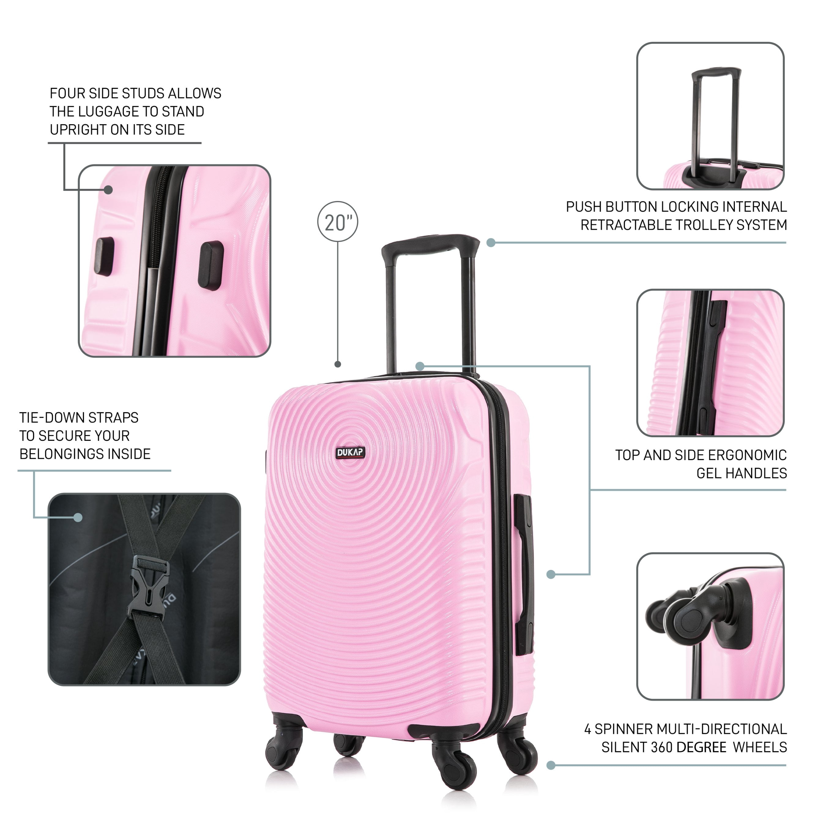 DUKAP Inception 20" Hardside Lightweight Luggage with Spinner Wheels, Handle and Trolley, Pink