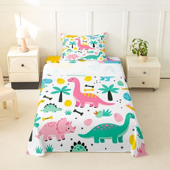 Homewish Funny Dino Twin Sheets,Kawaii Wild Dinosaur Bedding,Pink,3-Piece,1 Fitted Sheet and 1 Pillowcase