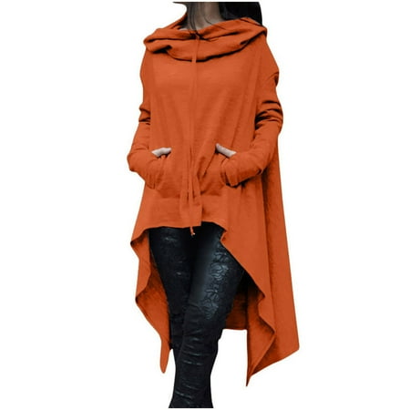 Dyfzdhu Sweatshirts for Women Plus Size Long Sleeve High Low Tops Solid Oversized Loose Fit Asymmetrical Hoodies Orange