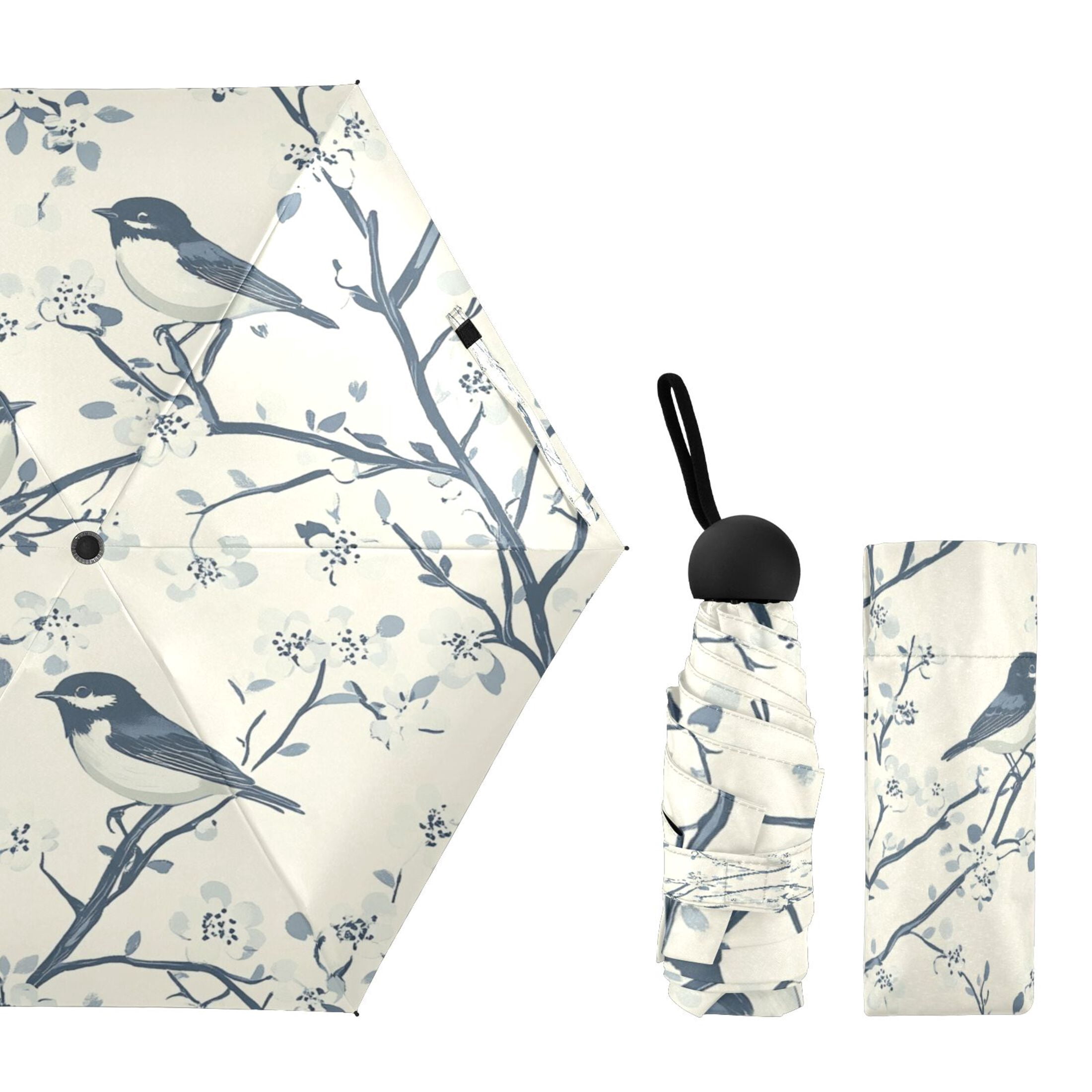 Birds and Flowers Pattern Umbrellas for Sun Auto Open Close UV50+ Waterproof 5-Fold Compact Fiberglass Frame