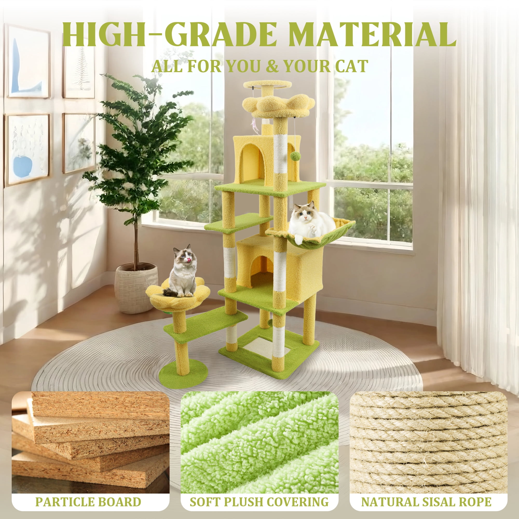 71 Inch Yellow Floral Cat Tree, 7-Level Large Cat Tower with Spacious Condo, Removable Flower Cushion & Hammock, Natural Sisal Scratching Posts for Large & Multi-Cat Families