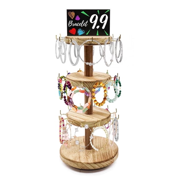 Wooden Rotating Bracelet Holder 3 Tier 36 Hooks - Bracelets Keychains Display Stand, Brown