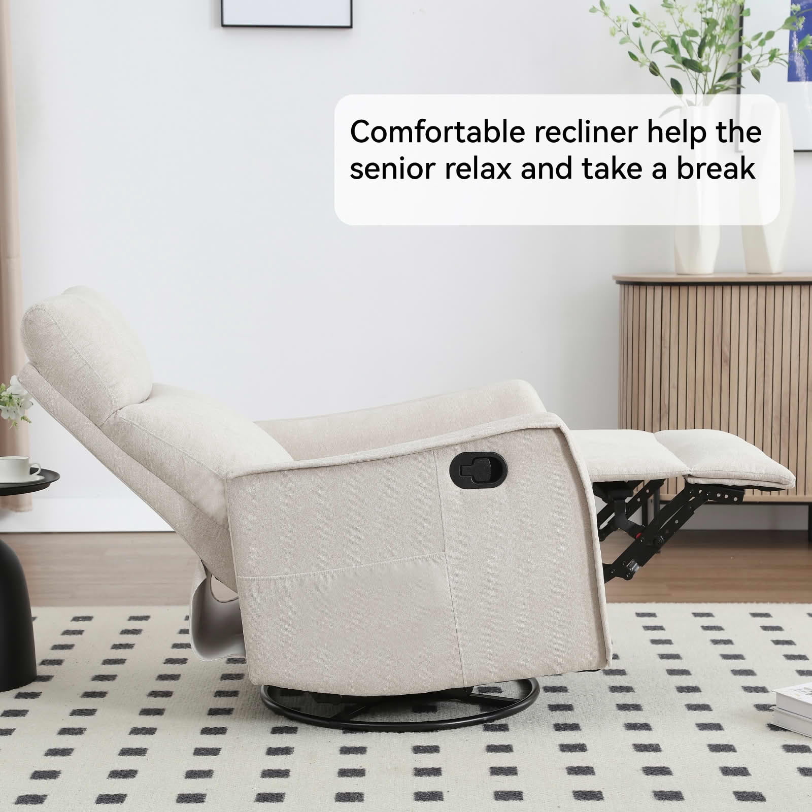 MAYEERTY Beige Heat Massage Recliner Chair, 360° Swivel Rocker 27"x36"x40" for Living Room