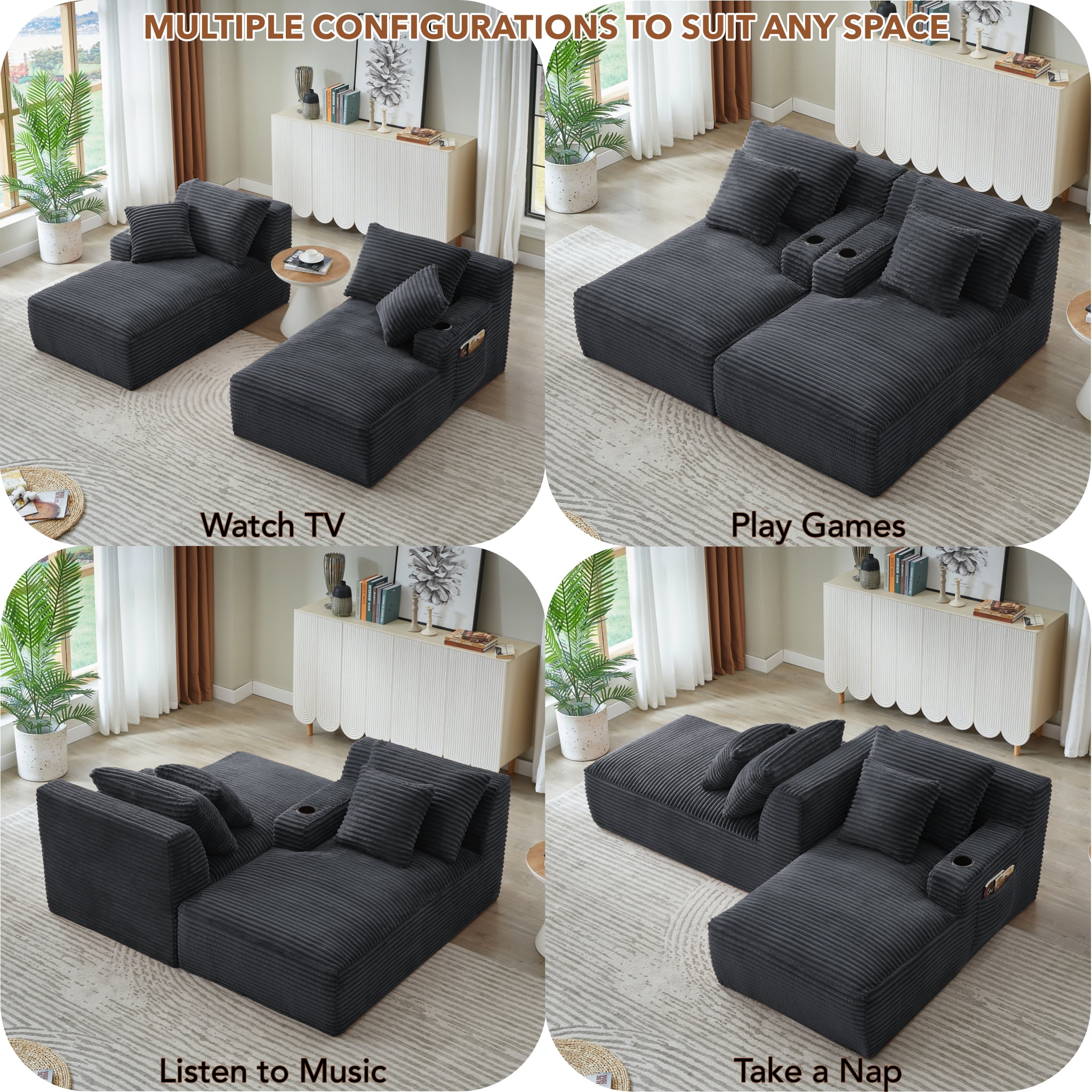 Modular Double Chaise Lounge Chair Indoor, 71" Wide Striped Corduroy Couch Set with Cup Holders & Storage Pockets for Living Room Home Theater, Dark Gray
