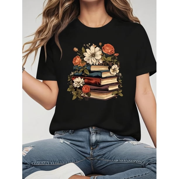 Floral & Book Print Crew Neck T-shirt, Casual Short Sleeve Top For Spring & Summer, Women's Clothing Tee For adult, Men, Women, Teen, Teenager, adolescent, Youth