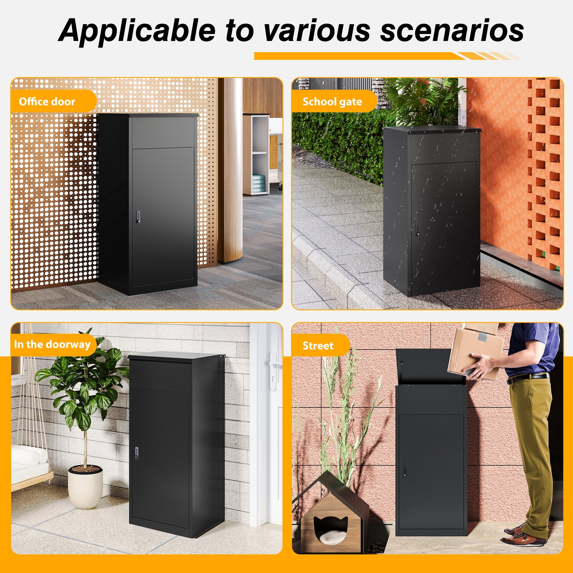 STANI Metal Package Delivery Boxes with Coded Lock, Anti-theft Baffle, Express Mail Package Drop Box for Porch, Curbside, Outdoor, Black, 41.3"H x 19.7"W x 16.1"D