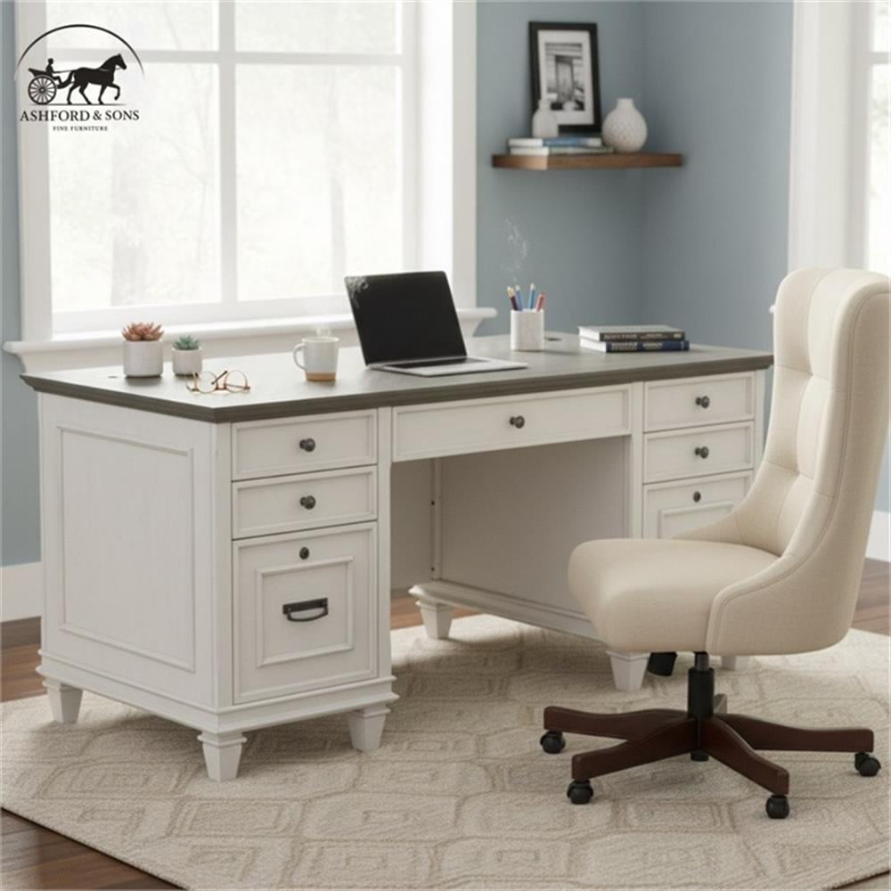 Ashford & Sons Double Pedestal Letter/Legal File Drawers Executive Desk in White