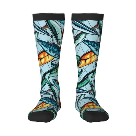 Saiise Colorful Fishing Baits Funny Socks Men Women Boys Kids Adults Novelty Graphic Crew Tube Socks Crazy Design Casual Dress Socks for Sports Running Travel