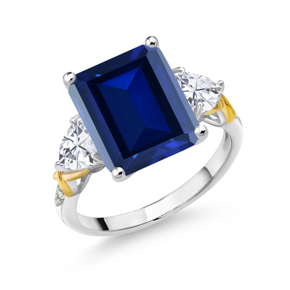 Gem Stone King 7.66 Cttw Blue Simulated Sapphire Moissanite and Diamond 3-Stone Ring for Women | 925 Silver and 10K Yellow Gold | Gemstone Birthstone | 12X10MM Emerald Cut and 5MM Trillion | Size 9