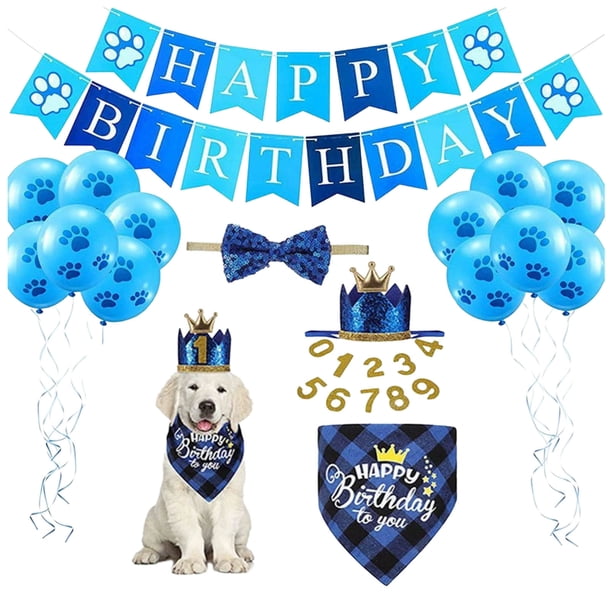 Accesorios para fiestas de cumpleaños de mascotas Sombrero de perro Pajarita Bufanda Triángulo Tirar Bandera Globo Set Decoración para fiestas Atrezzo