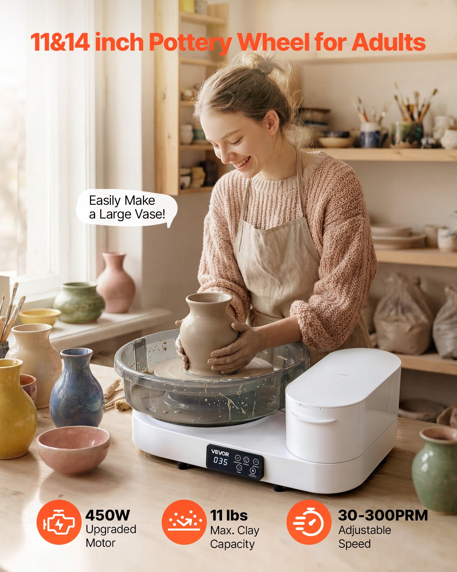 VEVOR Pottery Wheel for Adults, 14" and 11" Turntables, 450W Electric Table Top Pottery Wheel with Foot Pedal, 30-300 RPM Adjustable Speed, Aluminum Body, for Beginners, DIY Clay Art Craft, White