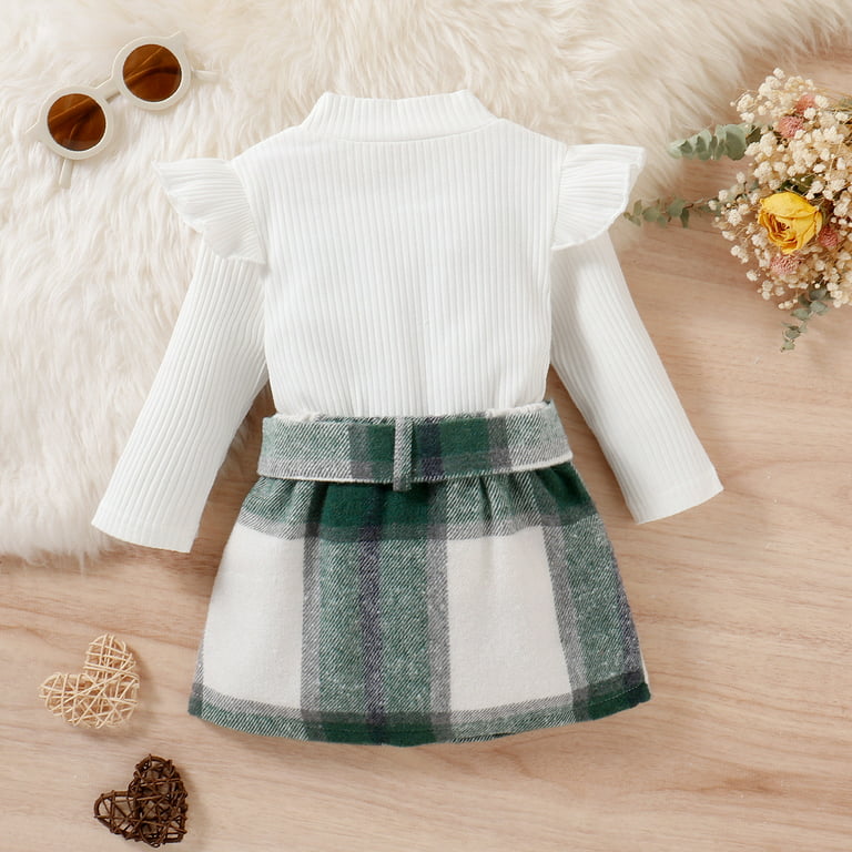 Snilers Toddler Girls Clothing Sets Baby Girls Cute Ruffles Solid Color Knitted Long Sleeve Autumn Winter Warm Round-Neck Blouses Plaid Bow Short