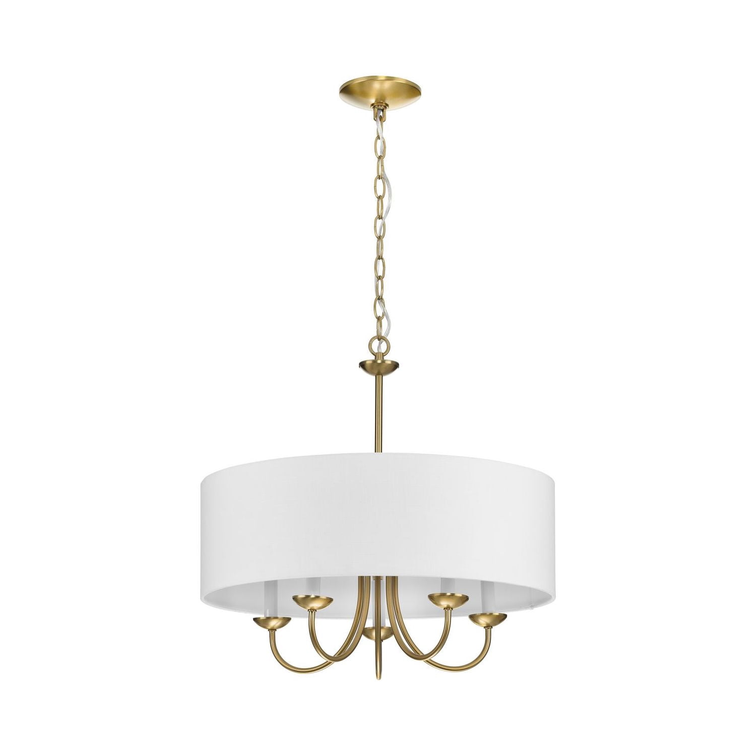 Drum ShadeCollection Five-Light Brushed Bronze White Fabric Shade New Traditional Chandelier Light