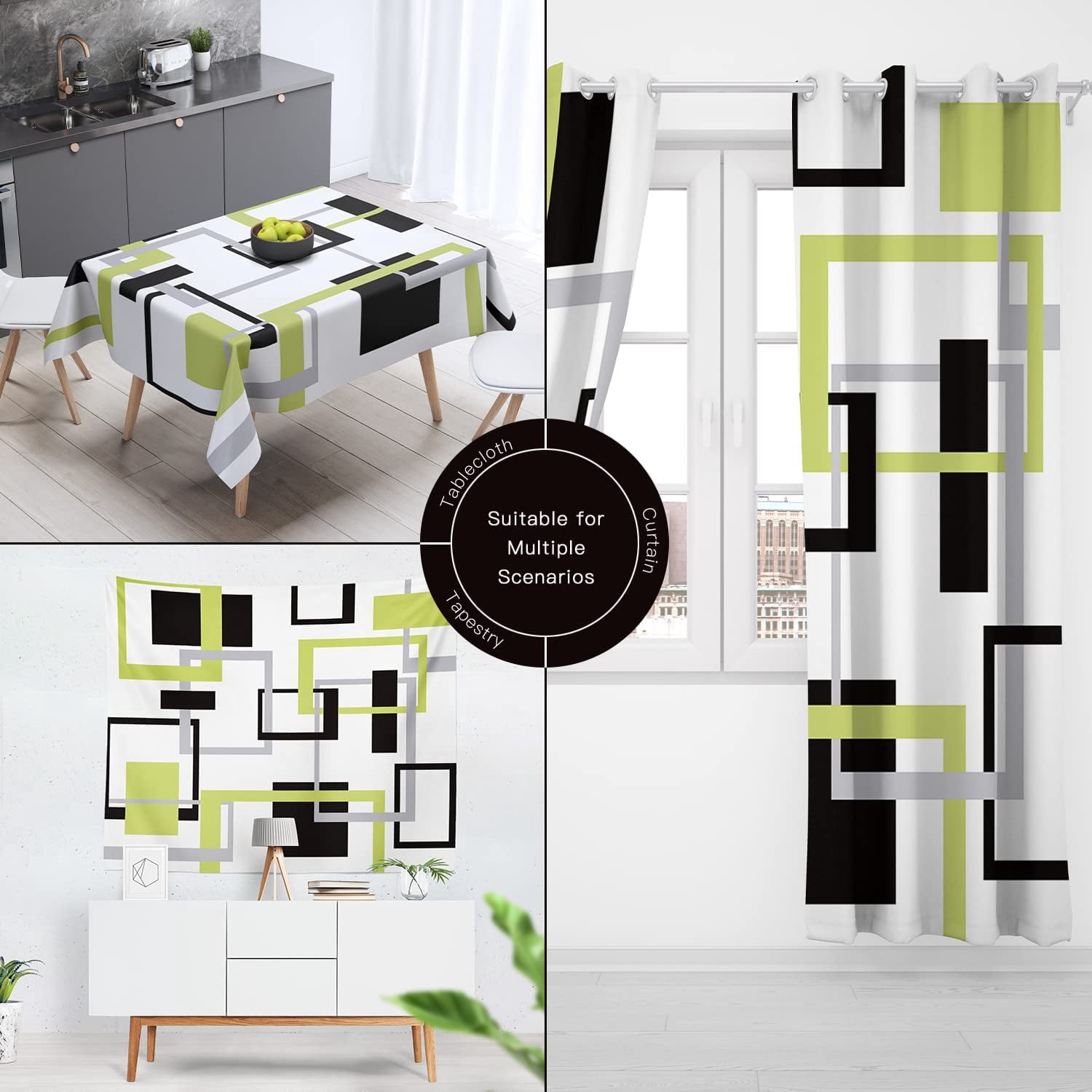 Green Black Geometric Shower Curtain Set Neutral Abstract Shower Curtains for Bathroom Modern Bathroom Decor Polyester Fabric-72" x 72"
