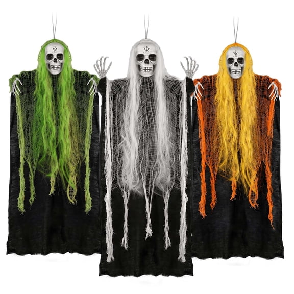 SINKOO Halloween Hanging Decor, Hanging Skeleton Outdoor, 3Pcs 36" Scary Flying Grim Reapers for Yard Porch Frontdoor Haunted House Props