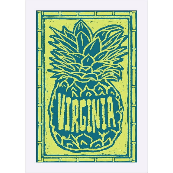 Virginia - Pineapple Woodcut - Lantern Press Artwork (12x18 Giclee Art Print, Gallery Framed, White Wood)