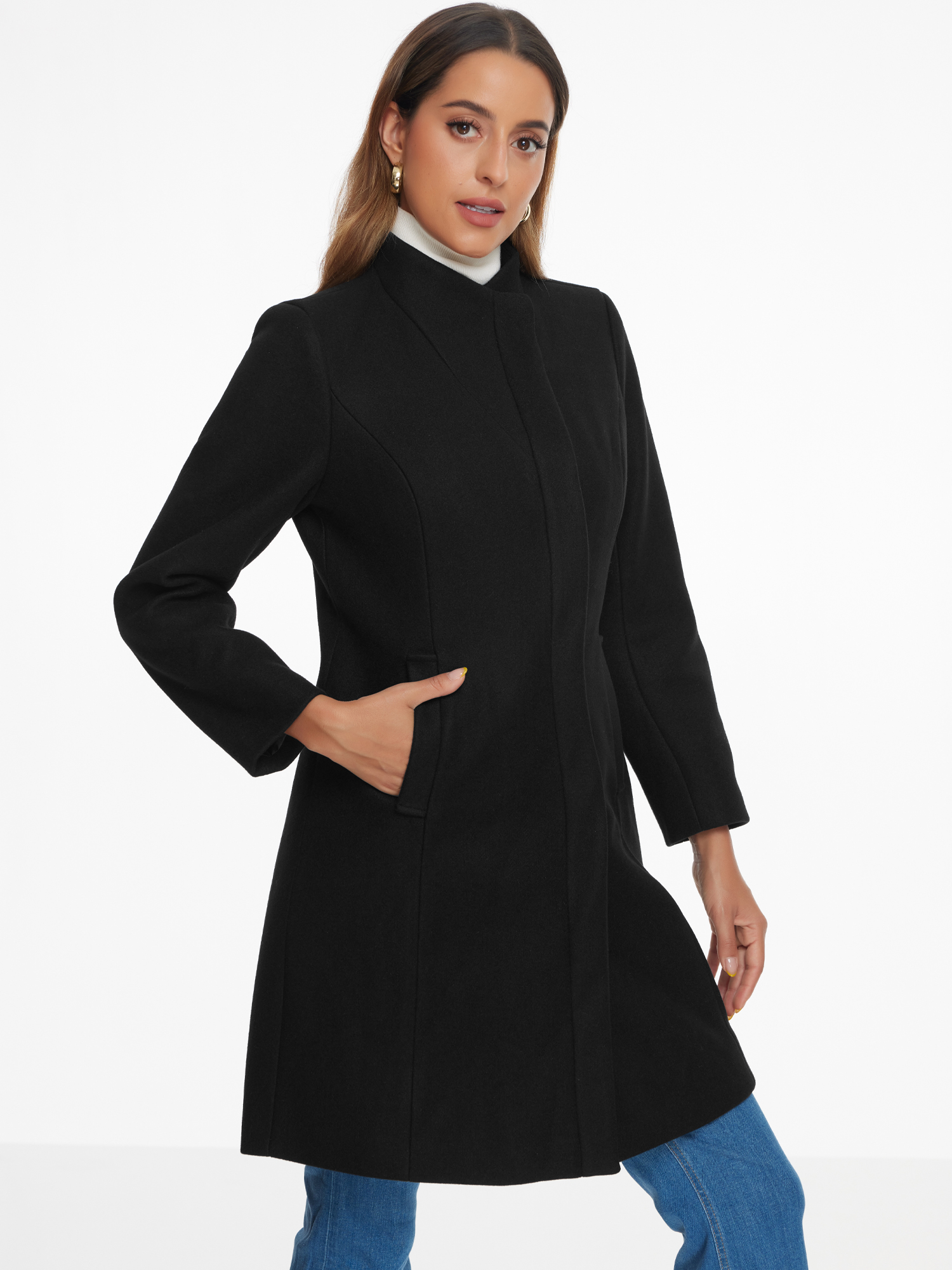 DARING DIVA Women's Stylish Peacoat Wrap Collar 2024 Winter Trench Long Coat M Black