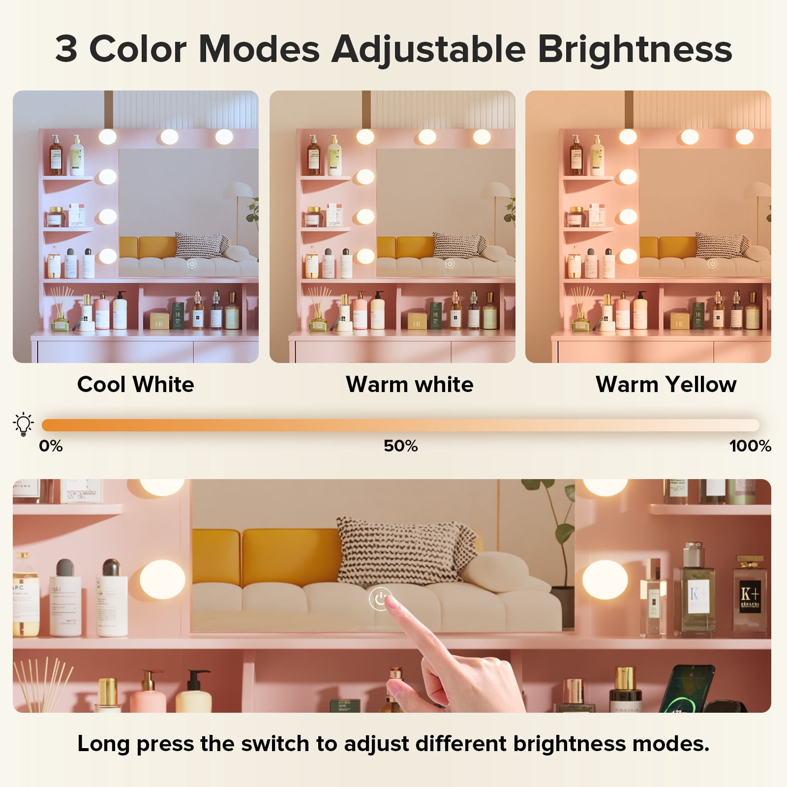 LUCKLIFE Vanity Desk with LED Lights Mirror & Power Outlet,Makeup Vanity Table for Women Girls Bedroom, Pink