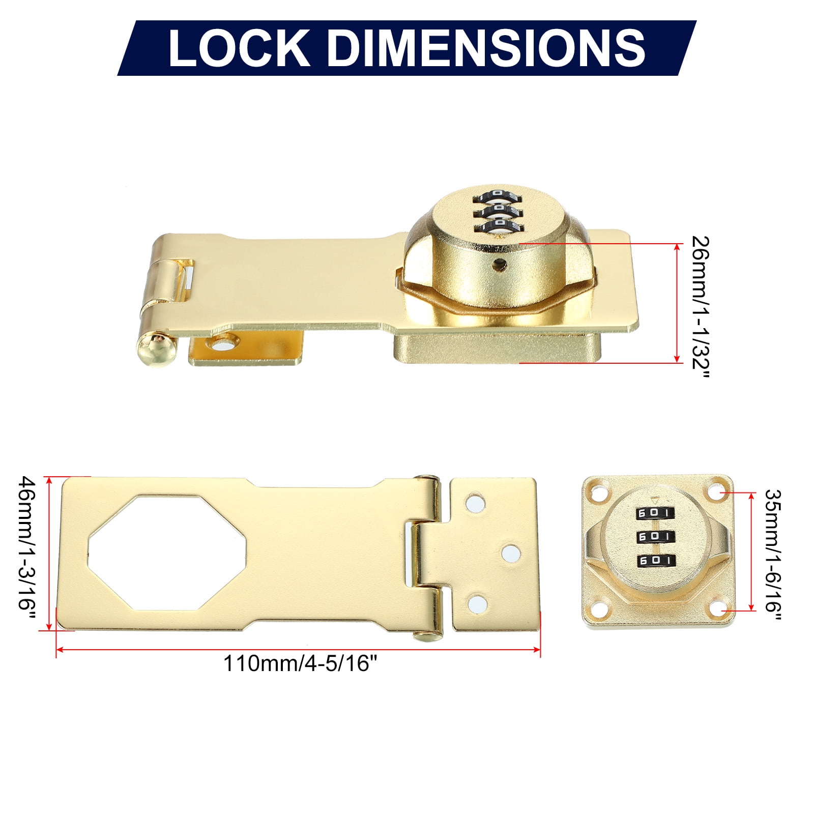 Uxcell Cabinet Password Hasp Lock 3-Digit 180 Degree Barn Door Lock Security Combination Latch Lock for Drawers Cabinet Gold 4.5"
