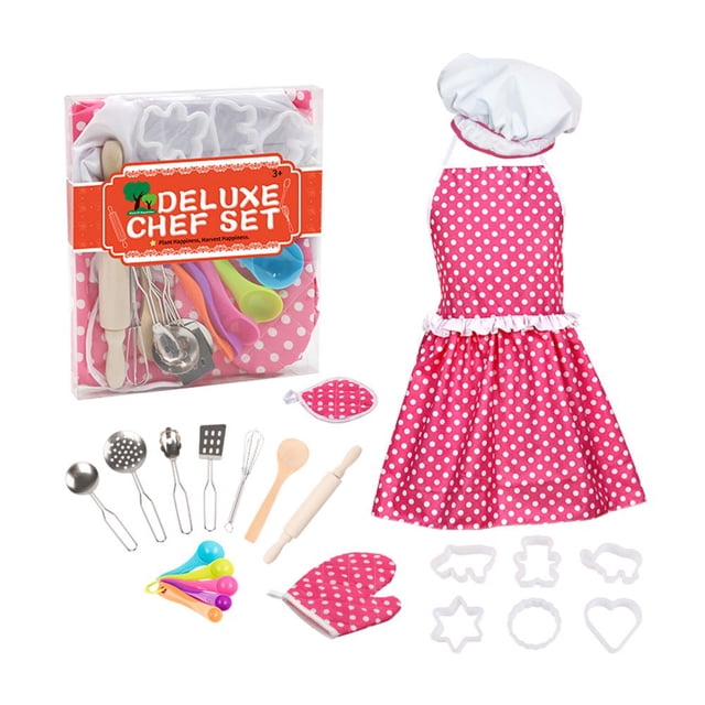Kids Cooking Baking Set Chef Role Play Costume Pink Apron Dress Up Pretend Gift For Girls Learning Toys For 3-6 Years