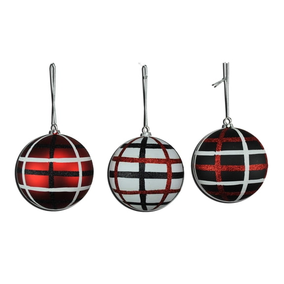 3 Pack of Black, White, and Red Plaid Ball Ornaments with Glitter Enhancements