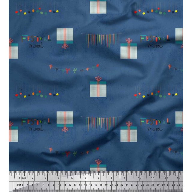 Soimoi polyester Crepe Fabric Gift Box & Hanging Ribbons Party Print Fabric by Yard 52 Inch Wide