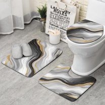 Gray White Marble Gold Wave Pattern Bathroom Rugs Sets 3 Piece,Toilet Cover Set,Absorbent Non Slip Bathroom Mats Sets with U-Shaped Contour Rug Toilet Rug Set
