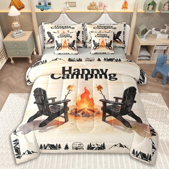 Erosebridal Teens Campfire Barbecue Twin Bedding Sets 7-Piece,Happy Camping Bedding Comforter Set for Boys Girls,Grey Reversible,Super Cozy Room Decor
