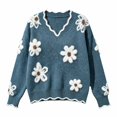 thumbnail image 4 of GILIGEGE Women's Oversized V Neck Fuzzy Sweater Chunky Knit Tops,2026 Long Sleeve Comfy,Flower Printed Pullover,Soft Loose Fit,Fall Clothes Ribbed Lightweight Teacher Outfits,Cute,Stylish Blue S, 4 of 4