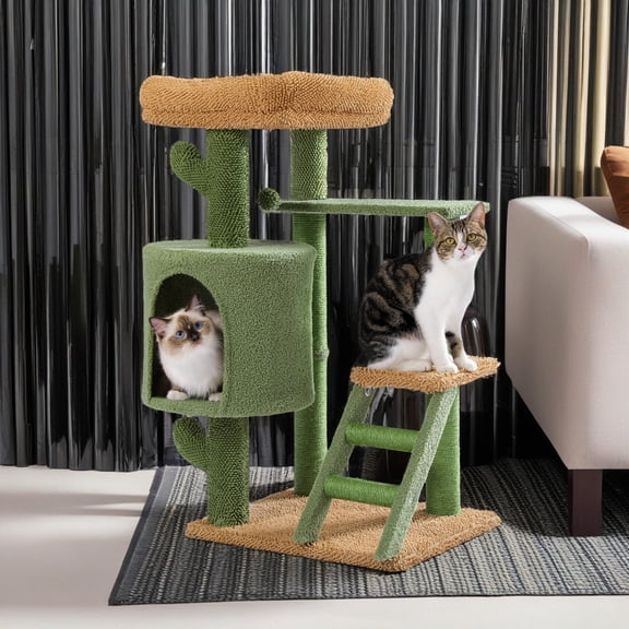 Pefilos 35" Cactus Cat Tower Cat Tree for Indoor Cats, Cat Climbing Stand with Climbing Ladder for Multi-Level Cat Condo, Green