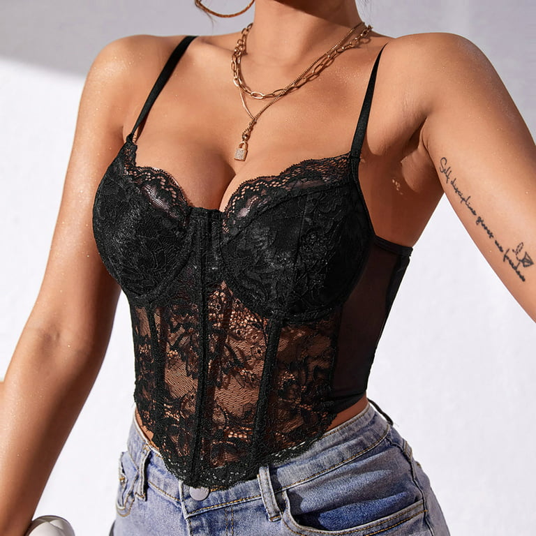 JGGSPWM Womens Summer Lace Bustier Mesh Sexy Vintage Spaghetti Strap Open  Back Boned Corset Going Out Party Crop Top Black M 