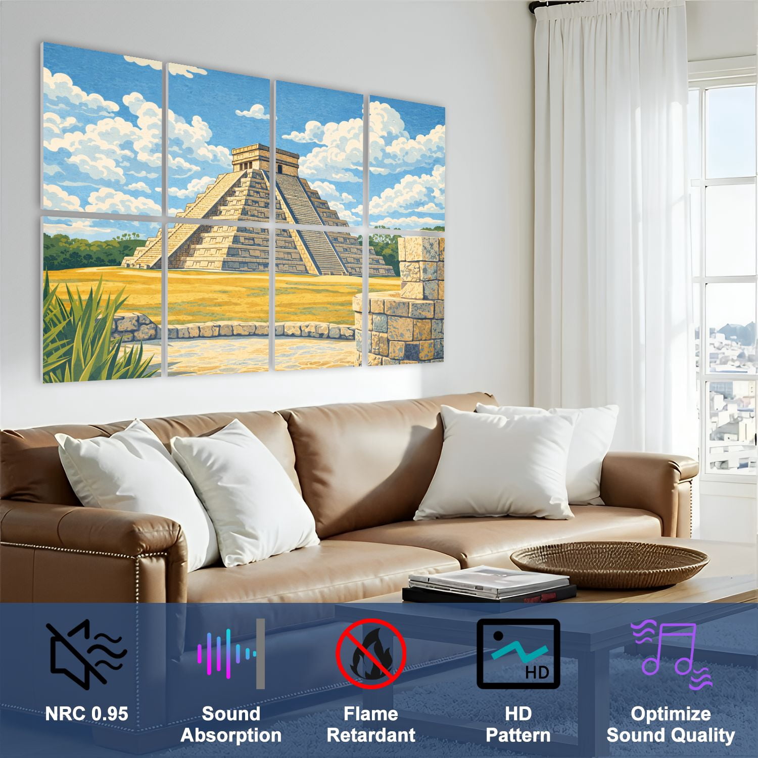 8 Pack Art Acoustic Panels Sound Absorbing Mexico Itza Mayan pyramid Kukulcan Castle Decorative Soundproof Wall Panels Self Adhesive for Nursery Game Room Bedroom 48"x32"