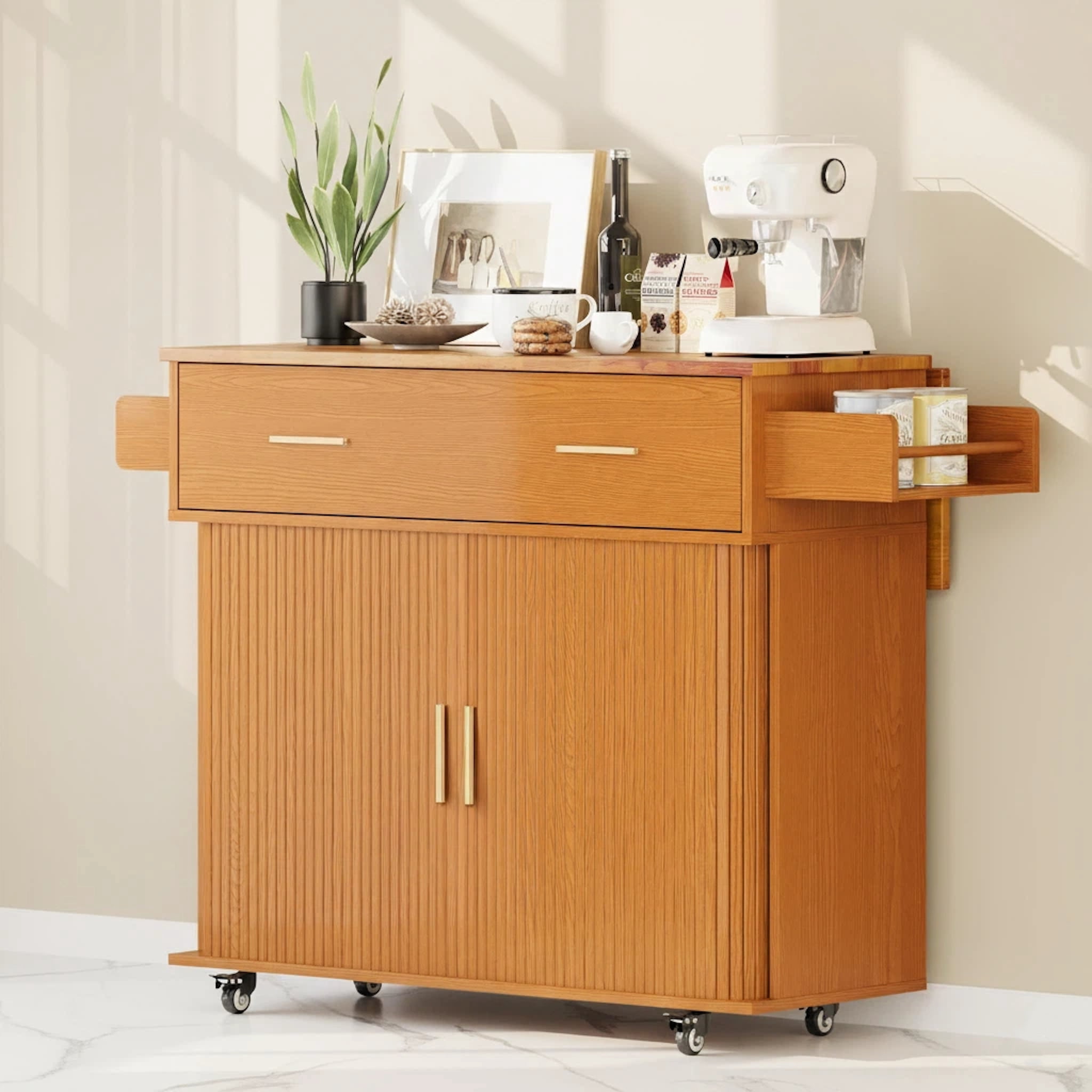 AISWORD Rolling Kitchen Island with Drop Leaf, Sliding Door, Drawers & Spice Rack, Yellow